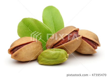 Pistachio nuts with leaves 47395470