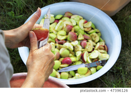 farmer cleans the apple by cutting them with knife 47396126