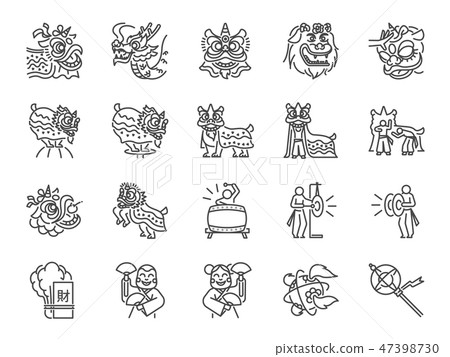 Chinese lion dance line icon set Chinese lion dance line icon set 47398730