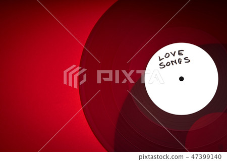 Valentines Day background with red LP record with love songs on red background 47399140