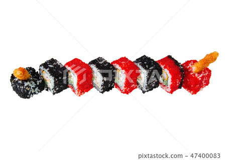 Sushi rolls with shrimps, cheese and caviar. 47400083