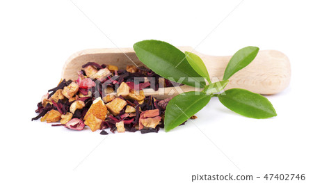 Fruit tea with hibiscus, apple, raspberry, rose petals and dog-rose, isolated on white background. Fruit tea with hibiscus, apple, raspberry, rose petals and dog-rose, isolated on white background. 47402746