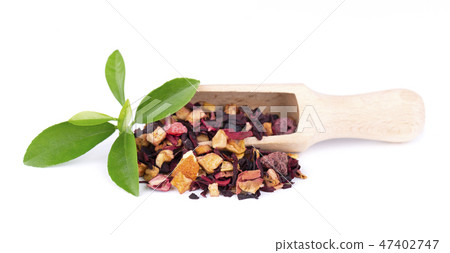 Fruit tea with hibiscus, apple, raspberry, rose petals and dog-rose, isolated on white background. Fruit tea with hibiscus, apple, raspberry, rose petals and dog-rose, isolated on white background. 47402747