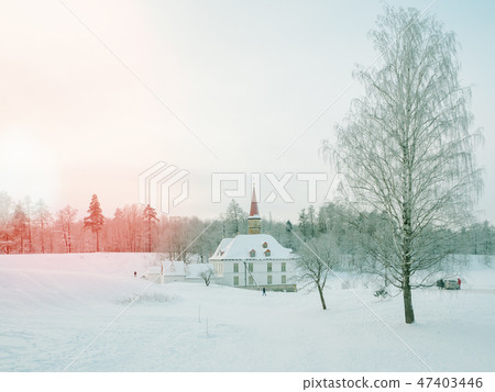 Winter landscape with an ancient castle. Winter landscape with an ancient castle. 47403446