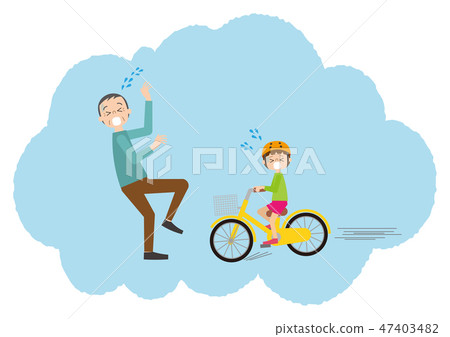 A child on a bicycle that seems to collide with the elderly 47403482