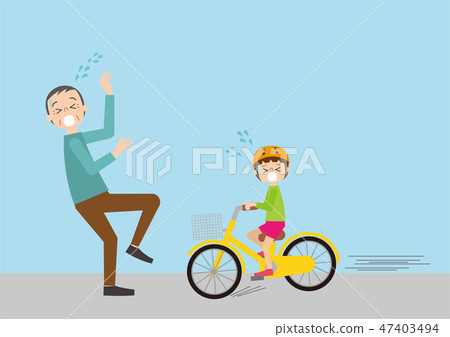 A child on a bicycle that seems to collide with the elderly 47403494