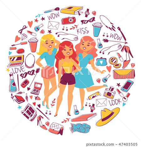 Various types of clothes and accessories for girls vetor illustration. Cartoon female characters Various types of clothes and accessories for girls vetor illustration. Cartoon female characters 47403505