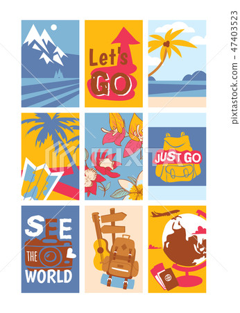Travelling concept set of banners vector illustration. See the world. Just go. Let s go. Sunny 47403523