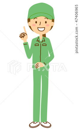 Work clothes working cap women finger pointing whole body green 47406965