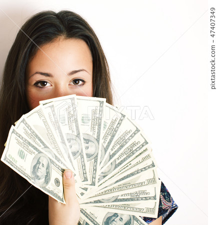portrait of pretty young woman with money, isolated on white background, dolars cash portrait of pretty young woman with money, isolated on white background, dolars cash 47407349