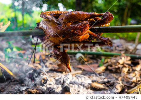Roast chicken grilled in forest camping Roast chicken grilled in forest camping 47409443