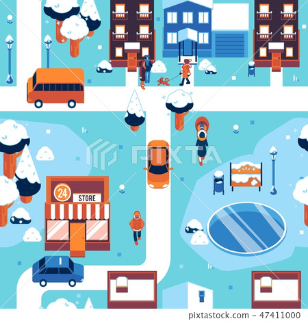 Winter cityscape seamless - street with houses and trees covered with snow. 47411000