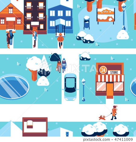 Winter city landscape seamless pattern in flat... - Stock Illustration ...