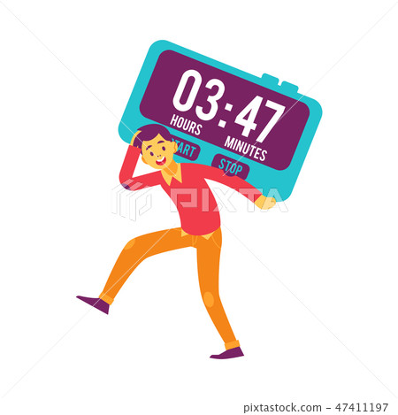 Vector flat man holding hourglass running smiling Vector flat man holding hourglass running smiling 47411197