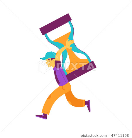 Vector flat man holding hourglass running smiling Vector flat man holding hourglass running smiling 47411198