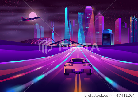 圖庫插圖: future metropolis highway neon cartoon vector