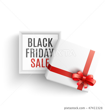 Black friday sale vector illustration with open white gift box with sign on bottom. 47411328