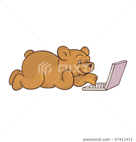 Vector cartoon bear sitting with laptop ta knees Vector cartoon bear sitting with laptop ta knees 47411451
