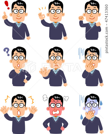 9 poses and gestures of the upper body of men wearing eyeglasses 9 poses and gestures of the upper body of men wearing eyeglasses 47413360