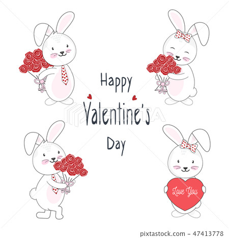 Cute rabbit and rose bouquet, Valentines Day -插圖素材 [47413778] - PIXTA圖庫