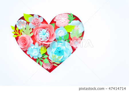 Heart frame with paper flowers on red background. Heart frame with paper flowers on red background. 47414714