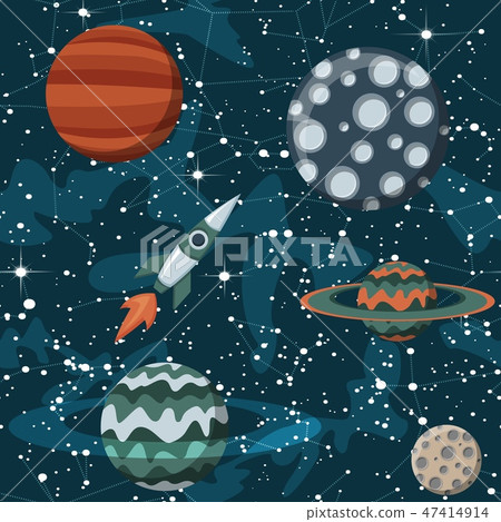 Comic space with planets and spaceships. Rocket cartoon, star and science design Comic space with planets and spaceships. Rocket cartoon, star and science design 47414914