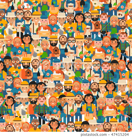 Happy farmers seamless pattern vector illustration. Old and young people, cartoon characters. Male Happy farmers seamless pattern vector illustration. Old and young people, cartoon characters. Male 47415204