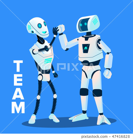 Team, Two Robots Give Five To Each Other Vector. Isolated Illustration Team, Two Robots Give Five To Each Other Vector. Isolated Illustration 47416828