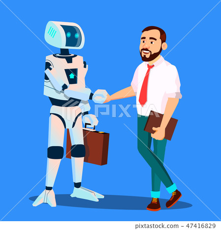 Robot With Briefcase Shakes Hands With Businessman Vector. Isolated Illustration Robot With Briefcase Shakes Hands With Businessman Vector. Isolated Illustration 47416829