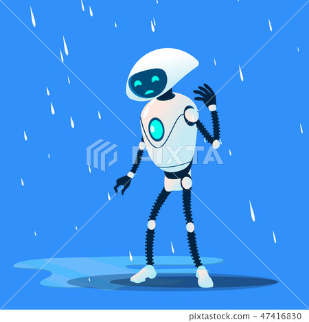 Sad Brocken Robot On Rain Vector. Isolated Illustration 47416830
