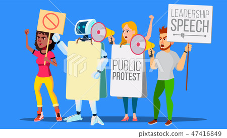 Robot Shouts Through Megaphone With People On Strike Vector. Isolated Illustration Robot Shouts Through Megaphone With People On Strike Vector. Isolated Illustration 47416849