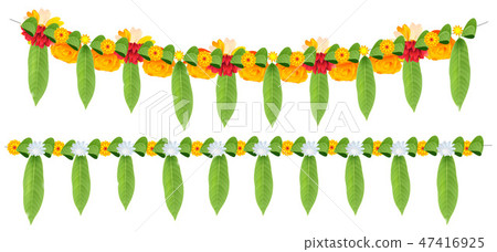 Indian flower garland of mango leaves and marigold Indian flower garland of mango leaves and marigold 47416925