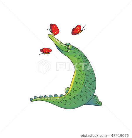 Vector design of adorable green crocodile and butterflies. Wild animal. Funny cartoon character Vector design of adorable green crocodile and butterflies. Wild animal. Funny cartoon character 47419075