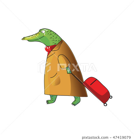 Cartoon vector design of humanized crocodile with suitcase on wheels. Green alligator in brown coat 47419079