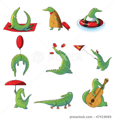 Cartoon vector set of humanized crocodiles in different situations. Wild alligator. Funny humanized Cartoon vector set of humanized crocodiles in different situations. Wild alligator. Funny humanized 47419089