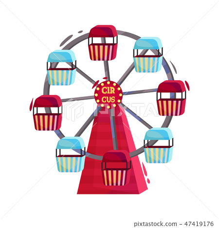 Ferris wheel with red and blue cabins. Carousel of amusement park. Fun fair attraction. Flat vector 47419176