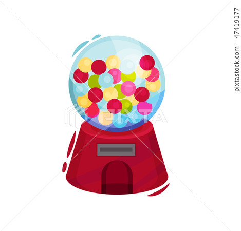 Glass gumball machine with slot for penny. Vintage machine with bubble gums or candies. Cartoon Glass gumball machine with slot for penny. Vintage machine with bubble gums or candies. Cartoon 47419177
