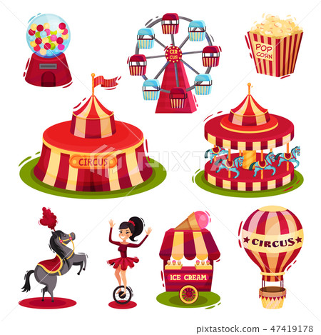 Flat vector set of circus icons. Carousels, circus tent, air balloon fast food. Elements for poster Flat vector set of circus icons. Carousels, circus tent, air balloon fast food. Elements for poster 47419178