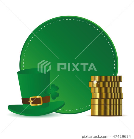 green round label with hat clover and golden coins for St. Patricks Day green round label with hat clover and golden coins for St. Patricks Day 47419654