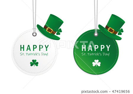 green and white St. Patricks Day hanging round label with hat and clover 47419656