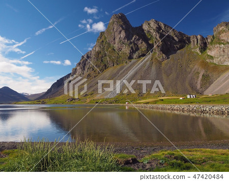 view on mountains grass and lake eastern fjords view on mountains grass and lake eastern fjords 47420484