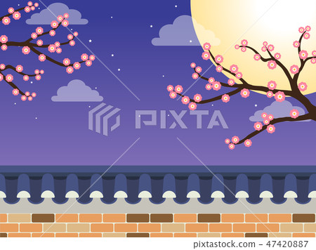 Japanese style stone wall fence with sakura tree 47420887