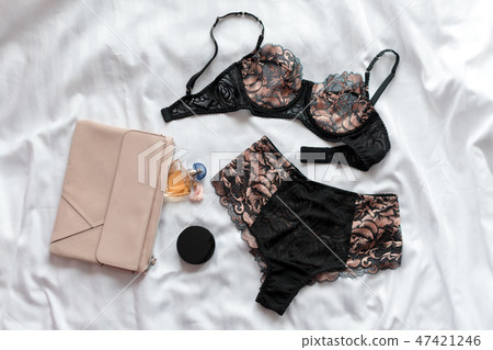 Set of glamorous stylish sexy lace lingerie with woman accessories, beauty products, perfume on Set of glamorous stylish sexy lace lingerie with woman accessories, beauty products, perfume on 47421246