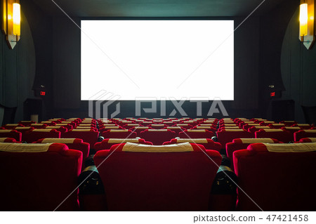 Cinema hall with red seat and wide white screen 47421458