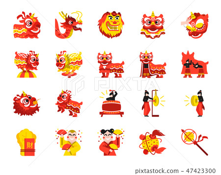 Chinese lion dance color icon set 47423300