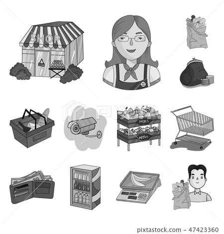 Supermarket and equipment monochrome icons in set collection for design. Purchase of products vector Supermarket and equipment monochrome icons in set collection for design. Purchase of products vector 47423360