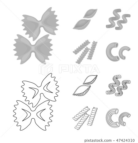 Different types of pasta. Types of pasta set collection icons in outline,monochrome style vector Different types of pasta. Types of pasta set collection icons in outline,monochrome style vector 47424310