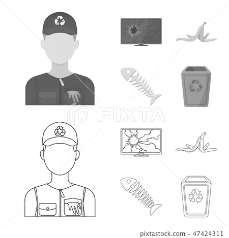 Broken TV monitor, banana peel, fish skeleton, garbage bin. Garbage and trash set collection icons Broken TV monitor, banana peel, fish skeleton, garbage bin. Garbage and trash set collection icons 47424311