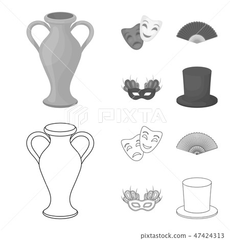 Theatrical mask, cylinder, fan, mask on the eyes. Theater set collection icons in outline,monochrome Theatrical mask, cylinder, fan, mask on the eyes. Theater set collection icons in outline,monochrome 47424313
