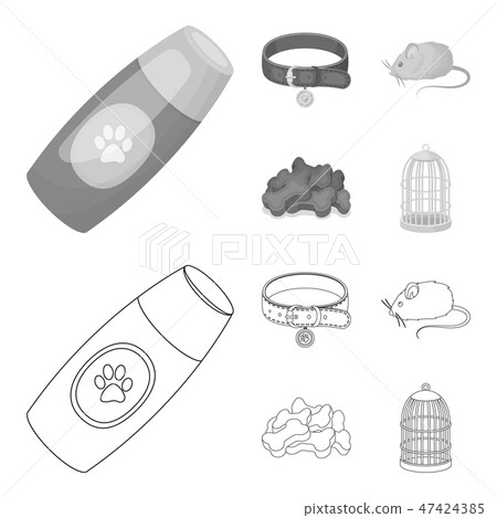 A collar, a forage, a toy, a cage and other products of the zoo store.Pet shop set collection icons A collar, a forage, a toy, a cage and other products of the zoo store.Pet shop set collection icons 47424385